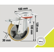 Svängbart hjul med broms, 100 mm hjuldiameter och 200 kg lastkapacitet