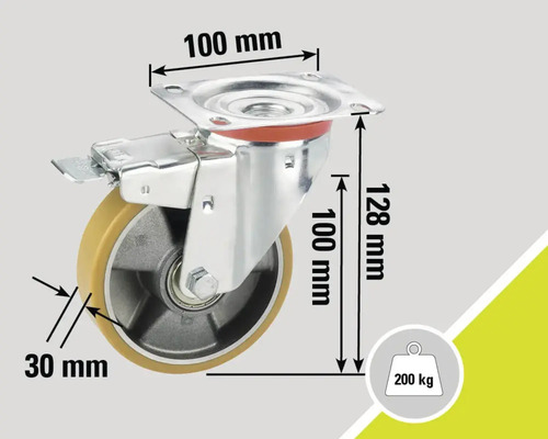 Svängbart hjul med broms, 100 mm hjuldiameter och 200 kg lastkapacitet