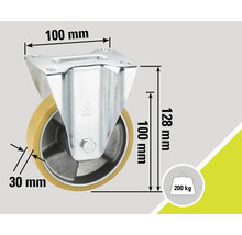Svängbart hjul med måtten 100 x 100 x 128 mm och en lastkapacitet på 200 kg