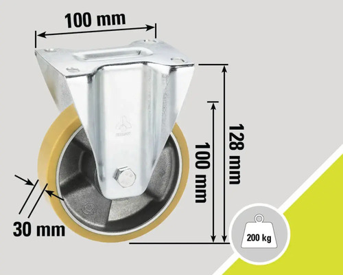 Svängbart hjul med måtten 100 x 100 x 128 mm och en lastkapacitet på 200 kg