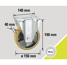 Svängbart hjul med måtten 140 mm x 150 mm x 190 mm och en lastkapacitet på 300 kg