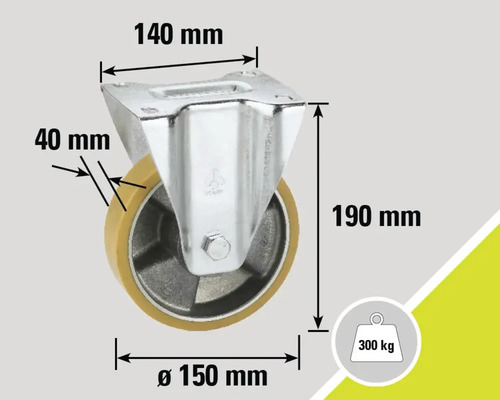 Svängbart hjul med måtten 140 mm x 150 mm x 190 mm och en lastkapacitet på 300 kg