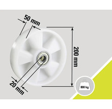 "Vitt hjul med måtten 200 mm höjd, 50 mm bredd och 20 mm diameter