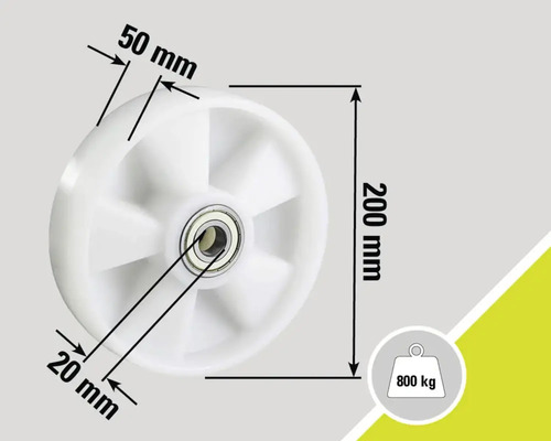 "Vitt hjul med måtten 200 mm höjd, 50 mm bredd och 20 mm diameter