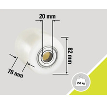 Hjul med måtten 20 mm, 70 mm och 82 mm samt en lastkapacitet på 750 kg