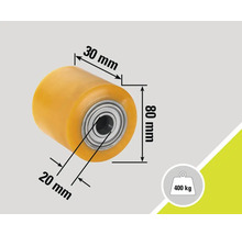 Polyuretanrulle med kullager och måtten 80 mm x 30 mm x 20 mm, lastkapacitet 400 kg
