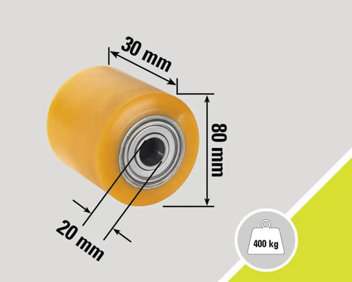 Polyuretanrulle med kullager och måtten 80 mm x 30 mm x 20 mm, lastkapacitet 400 kg