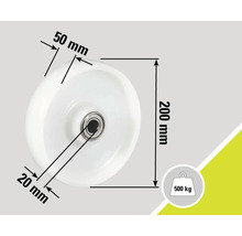 Rullmått: 200 mm diameter, 50 mm hjulbredd, 20 mm axelhål, lastkapacitet 500 kg
