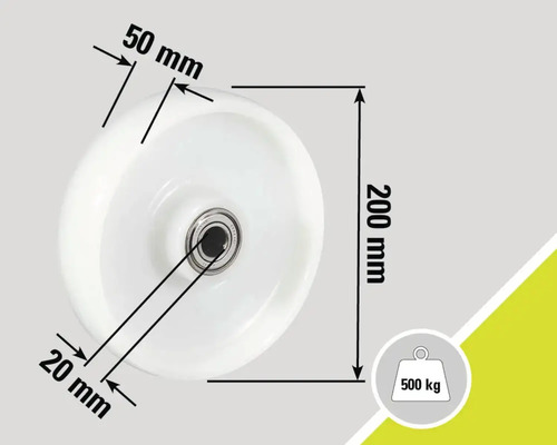 Rullmått: 200 mm diameter, 50 mm hjulbredd, 20 mm axelhål, lastkapacitet 500 kg