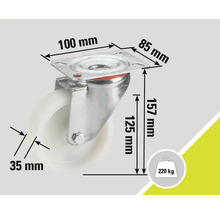 Hjul med platta, mått 100 mm x 85 mm, hjuldiameter 125 mm, hjulbredd 35 mm, bygghöjd 157 mm, lastkapacitet 220 kg