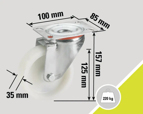 Hjul med platta, mått 100 mm x 85 mm, hjuldiameter 125 mm, hjulbredd 35 mm, bygghöjd 157 mm, lastkapacitet 220 kg