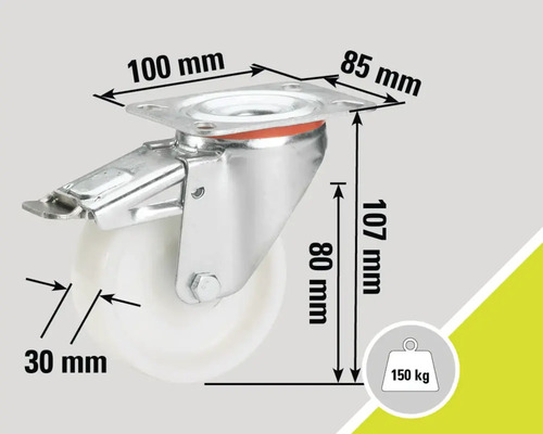 "Svängbart hjul med broms och mått: 100 mm x 85 mm monteringsplatta, 107 mm höjd, 80 mm axelhöjd och 30 mm hjuldiameter
