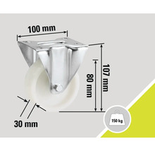 Rullställ med en lastkapacitet på 150 kg och måtten 100 x 107 x 30 millimeter.