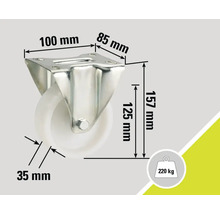 Svänghjul med måtten 100 mm x 85 mm, en hjulhöjd på 125 mm och en totalhöjd på 157 mm, hjuldiameter 35 mm och en lastkapacitet på 220 kg