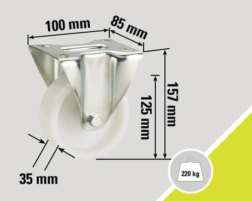 Svänghjul med måtten 100 mm x 85 mm, en hjulhöjd på 125 mm och en totalhöjd på 157 mm, hjuldiameter 35 mm och en lastkapacitet på 220 kg