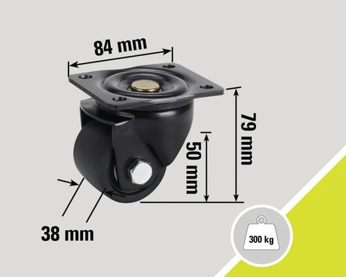 Hjul med måtten 84 mm gånger 79 mm och en lastkapacitet på 300 kg