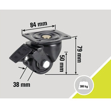 Svängbart hjul med broms och måtten 84 mm, 79 mm, 50 mm och 38 mm, lastkapacitet 300 kilogram.