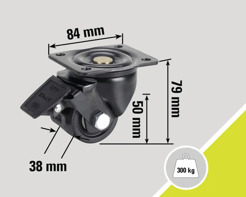 Svängbart hjul med broms och måtten 84 mm, 79 mm, 50 mm och 38 mm, lastkapacitet 300 kilogram.