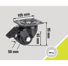 Svänghjul med broms och måtten 105 mm x 95 mm x 65 mm, lastkapacitet 500 kg