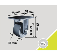 Hjulbock med måtten 84 mm x 84 mm, en höjd på 79 mm och en hjulbredd på 38 mm, lastkapacitet 600 kg