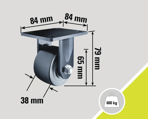 Hjulbock med måtten 84 mm x 84 mm, en höjd på 79 mm och en hjulbredd på 38 mm, lastkapacitet 600 kg