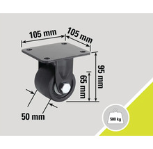 Svängbart hjul med dimensionerna 105 mm x 105 mm x 95 mm och en lastkapacitet på 500 kg