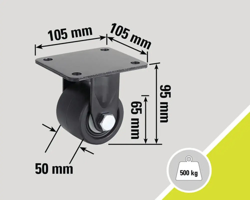 Svängbart hjul med dimensionerna 105 mm x 105 mm x 95 mm och en lastkapacitet på 500 kg
