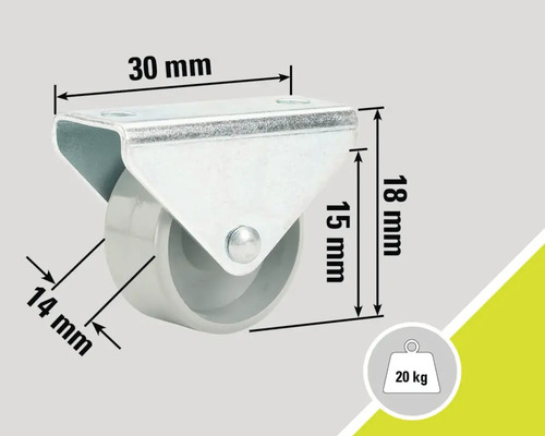 Svängbart hjul med måtten 30 mm gånger 18 mm, hjuldiameter 14 mm, lastkapacitet 20 kg