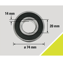 Bild av ett kullager med måtten 14 millimeter, 20 millimeter och en diameter på 74 millimeter.