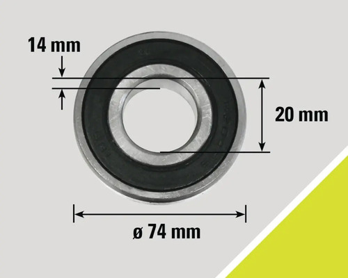 Bild av ett kullager med måtten 14 millimeter, 20 millimeter och en diameter på 74 millimeter.