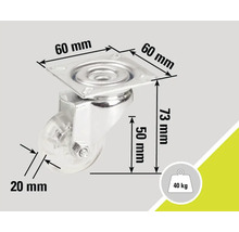Möbelhjul med en lastkapacitet på 40 kg och måtten 60 gånger 60 gånger 73 millimeter