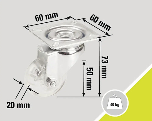 Möbelhjul med en lastkapacitet på 40 kg och måtten 60 gånger 60 gånger 73 millimeter