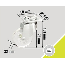 Möbelhjul med måtten 60 mm x 60 mm x 101 mm och en lastkapacitet på 50 kilogram
