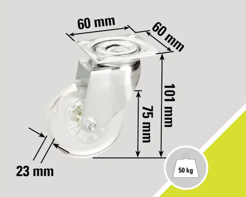 Möbelhjul med måtten 60 mm x 60 mm x 101 mm och en lastkapacitet på 50 kilogram