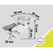 Svängbart hjul med broms, mått 60 x 60 x 73 mm, hjulstorlek 50 mm, lastkapacitet 40 kg
