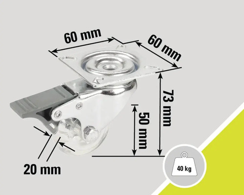 Svängbart hjul med broms, mått 60 x 60 x 73 mm, hjulstorlek 50 mm, lastkapacitet 40 kg