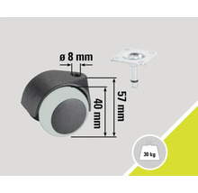 Möbelhjul med stift och platta, lastkapacitet 30 kg