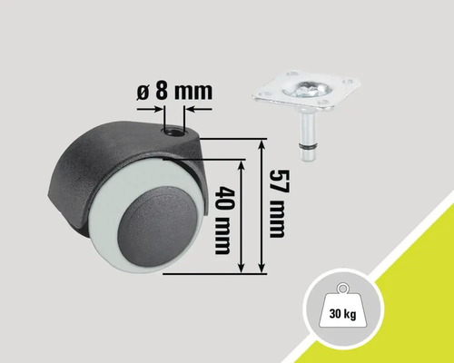 Möbelhjul med stift och platta, lastkapacitet 30 kg