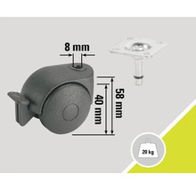 Möbelhjul med broms, stiftdiameter 8 millimeter, hjuldiameter 40 millimeter, stiftlängd 58 millimeter, lastkapacitet 20 kilogram