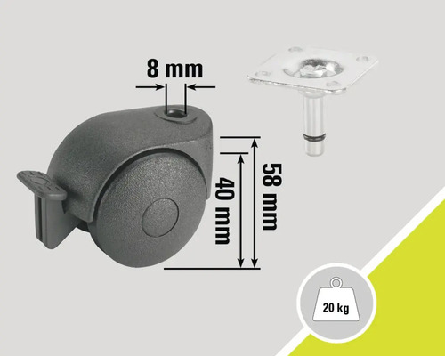 Möbelhjul med broms, stiftdiameter 8 millimeter, hjuldiameter 40 millimeter, stiftlängd 58 millimeter, lastkapacitet 20 kilogram
