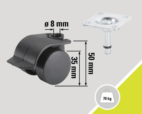 Möbelhjul med lås, 35 mm hjuldiameter och 70 kg lastkapacitet