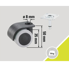 Möbelhjul med stift, 50 mm högt och 70 kg lastkapacitet