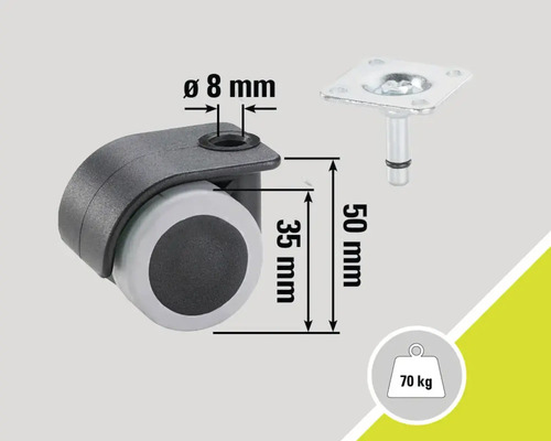 Möbelhjul med stift, 50 mm högt och 70 kg lastkapacitet