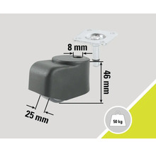 Möbelhjul med platta, 50 kilograms lastkapacitet och måttangivelser