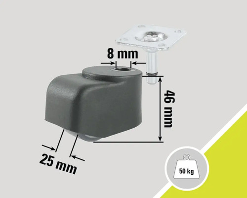 Möbelhjul med platta, 50 kilograms lastkapacitet och måttangivelser