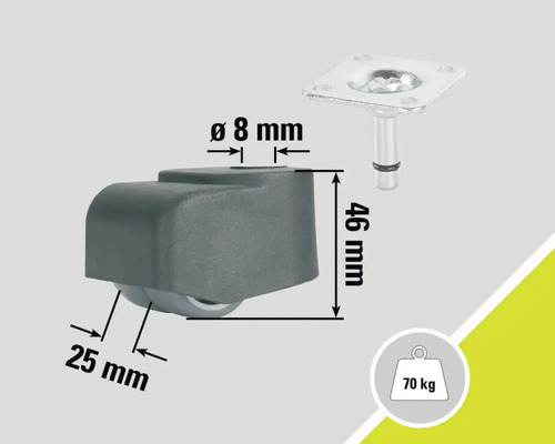 Möbelhjul med platta och tekniska detaljer: 25 mm hjuldiameter, 8 mm stiftdiameter, 46 mm bygghöjd och 70 kg lastkapacitet