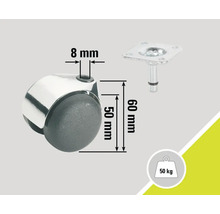 Möbelhjul med en lastkapacitet på 50 kilogram, en höjd på 60 millimeter och en stiftdiameter på 8 millimeter