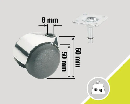 Möbelhjul med en lastkapacitet på 50 kilogram, en höjd på 60 millimeter och en stiftdiameter på 8 millimeter