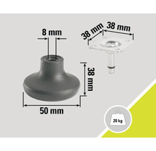Möbelfot med måtten 50 millimeter, 8 millimeter och 38 millimeter, lastkapacitet 20 kilogram