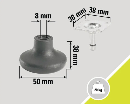 Möbelfot med måtten 50 millimeter, 8 millimeter och 38 millimeter, lastkapacitet 20 kilogram